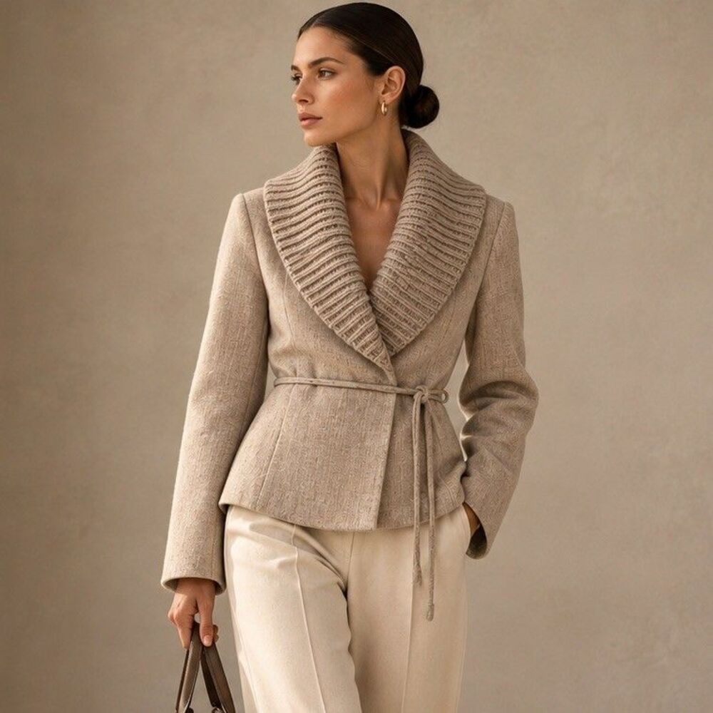 MNG Women’s Wool Jacket Taupe Shawl Collar Belted Hidden Buttons Made Morocco